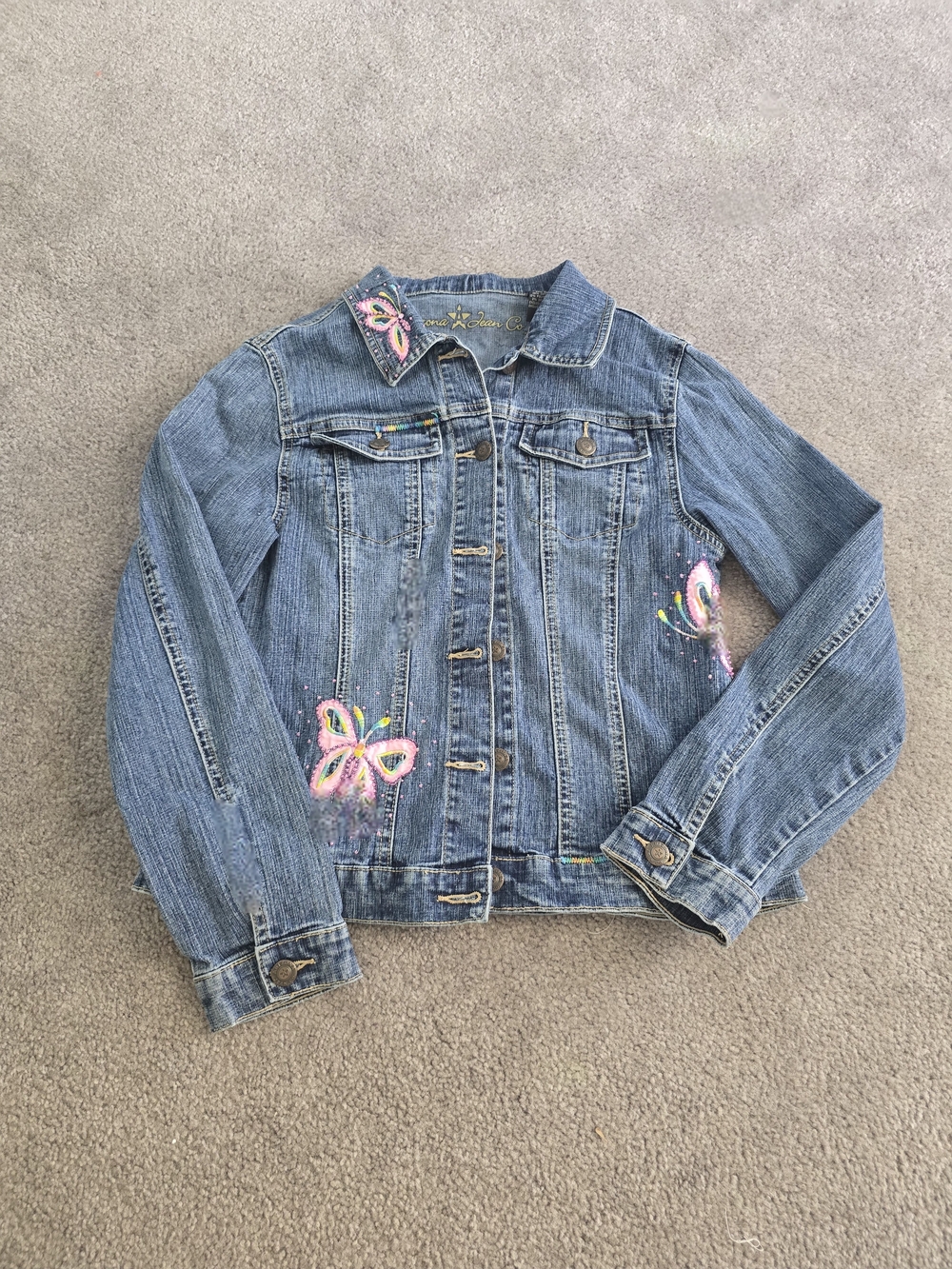 Vintage Girls XL Arizona Blue Denim Jacket with Pink Butterfly Embroidery